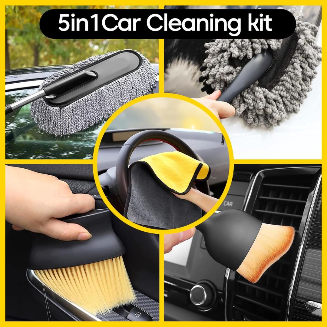 5 Pcs Microfiber Car Duster Kit - Interior &amp; Exterior Detailing Brush Set